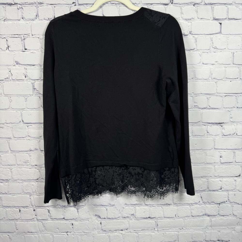Adrianna Papell Black Long Sleeve Lace Hem Sweater Top Size Medium - Picture 4 of 6